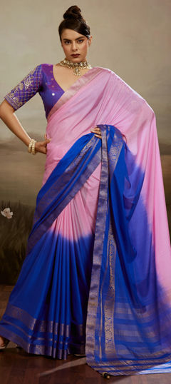 Blue, Pink and Majenta color Saree in Chiffon fabric with Weaving, Zari work