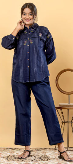 Blue color Co-ords Set in Denim fabric with Embroidered, Resham, Thread work