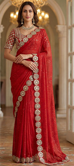 Red and Maroon color Saree in Faux Georgette fabric with Embroidered, Mirror, Sequence work