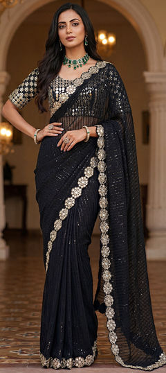 Black and Grey color Saree in Faux Georgette fabric with Embroidered, Mirror, Sequence work