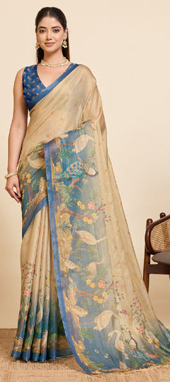 Beige and Brown color Saree in Linen fabric with Printed, Weaving, Zari work