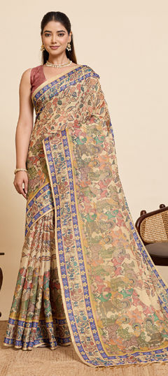 Beige and Brown color Saree in Linen fabric with Printed, Weaving, Zari work