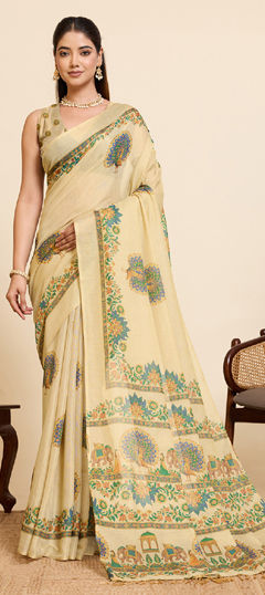 Beige and Brown color Saree in Linen fabric with Printed, Weaving, Zari work
