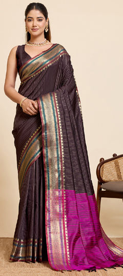 Beige and Brown color Saree in Silk fabric with Weaving, Zari work