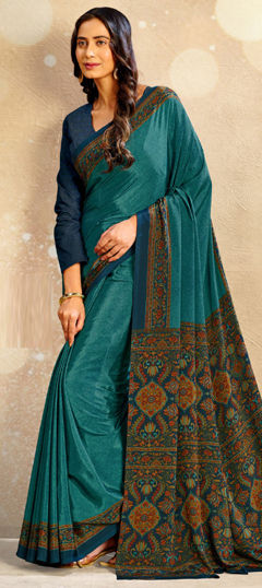 Blue color Saree in Crepe Silk fabric with Printed work