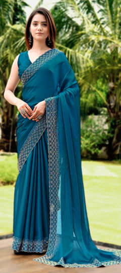 Green color Saree in Chiffon fabric with Stone, Swarovski work