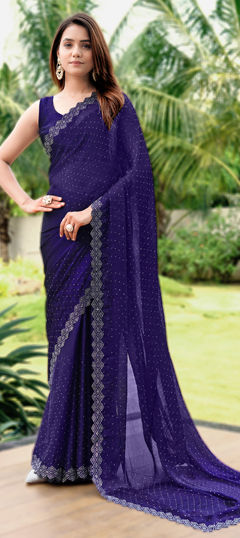 Purple and Violet color Saree in Chiffon fabric with Stone, Swarovski work