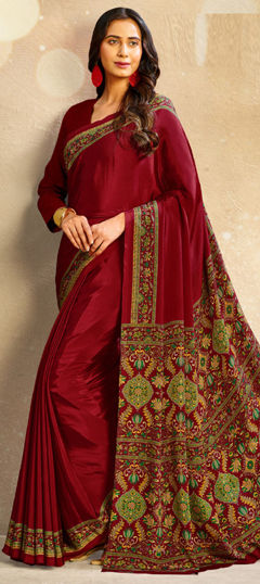 Red and Maroon color Saree in Crepe Silk fabric with Printed work