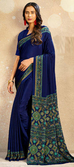 Blue color Saree in Crepe Silk fabric with Printed work
