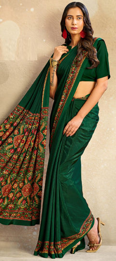 Green color Saree in Crepe Silk fabric with Printed work