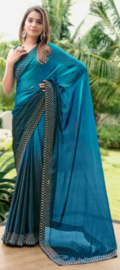 Green color Saree in Satin fabric with Stone, Swarovski work