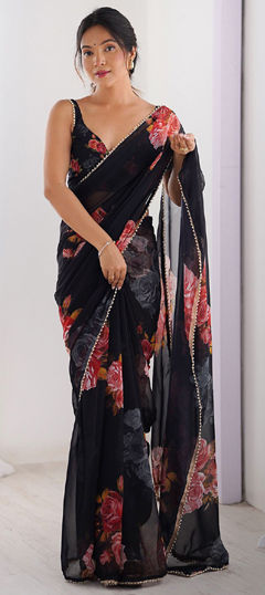 Black and Grey color Saree in Georgette fabric with Floral, Lace, Moti, Printed work