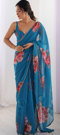 Blue color Saree in Georgette fabric with Floral, Lace, Moti, Printed work
