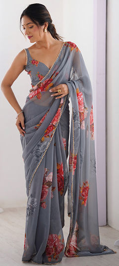 Black and Grey color Saree in Georgette fabric with Floral, Lace, Moti, Printed work