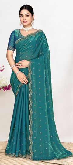 Blue color Saree in Tissue fabric with Zircon work