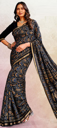 Black and Grey, Blue color Saree in Cotton fabric with Printed work
