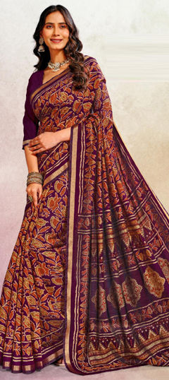 Beige and Brown, Pink and Majenta color Saree in Cotton fabric with Printed work