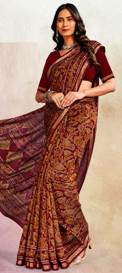 Beige and Brown, Red and Maroon color Saree in Cotton fabric with Printed work
