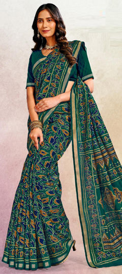 Green color Saree in Cotton fabric with Printed work