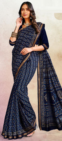 Blue color Saree in Cotton fabric with Printed work
