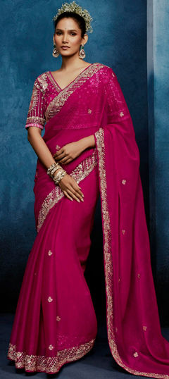Pink and Majenta color Saree in Tissue fabric with Embroidered, Sequence, Thread work