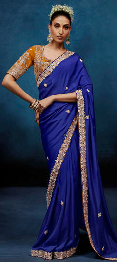 Blue color Saree in Tissue fabric with Embroidered, Sequence, Thread work