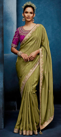 Green color Saree in Tissue fabric with Embroidered, Sequence, Thread work