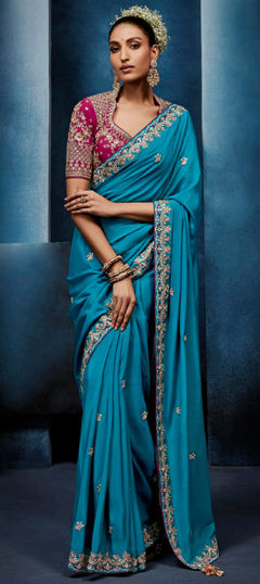 Blue color Saree in Tissue fabric with Embroidered, Sequence, Thread work