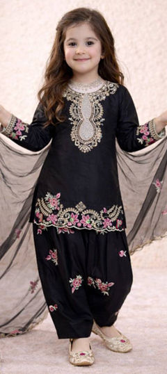 Black and Grey color Kids Salwar in Crepe Silk fabric with Embroidered, Sequence work