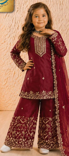 Red and Maroon color Kids Salwar in Silk fabric with Embroidered, Sequence work
