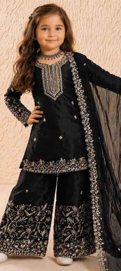 Black and Grey color Kids Salwar in Silk fabric with Embroidered, Sequence work