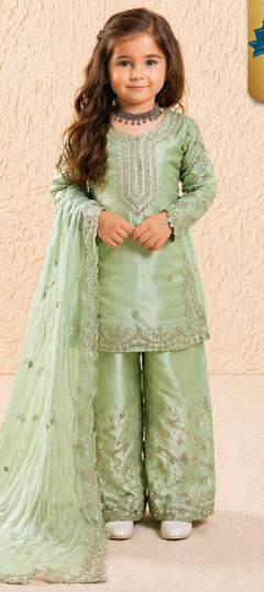 Green color Kids Salwar in Silk fabric with Embroidered, Sequence work
