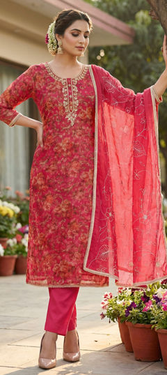Pink and Majenta color Salwar Kameez in Organza Silk fabric with Cut Dana, Floral, Gota Patti, Printed, Zardozi work
