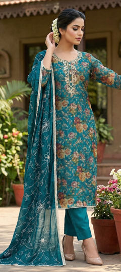 Blue color Salwar Kameez in Organza Silk fabric with Cut Dana, Floral, Gota Patti, Printed, Zardozi work