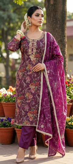 Pink and Majenta color Salwar Kameez in Organza Silk fabric with Cut Dana, Floral, Gota Patti, Printed, Zardozi work