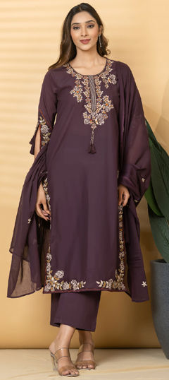 Purple and Violet color Salwar Kameez in Cotton fabric with Embroidered, Resham, Thread work