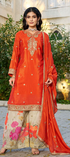 Orange color Salwar Kameez in Chinon Silk fabric with Embroidered, Printed, Sequence, Zari work