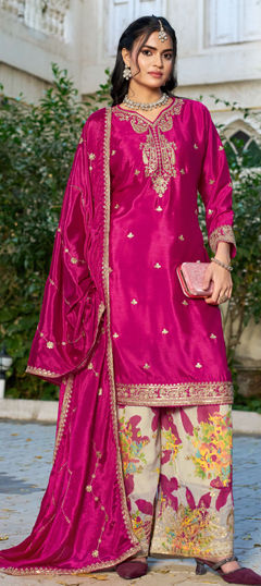 Pink and Majenta color Salwar Kameez in Chinon Silk fabric with Embroidered, Printed, Sequence, Zari work