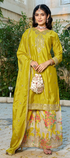 Yellow color Salwar Kameez in Chinon Silk fabric with Embroidered, Printed, Sequence, Zari work
