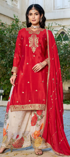 Red and Maroon color Salwar Kameez in Chinon Silk fabric with Embroidered, Printed, Sequence, Zari work