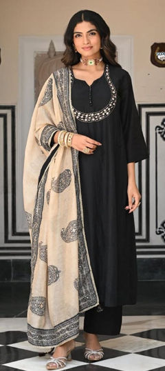 Black and Grey color Salwar Kameez in Viscose fabric with Embroidered work