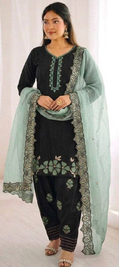 Black and Grey, Green color Salwar Kameez in Roman fabric with Embroidered work