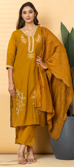 Yellow color Salwar Kameez in Roman fabric with Embroidered, Resham, Sequence, Thread work