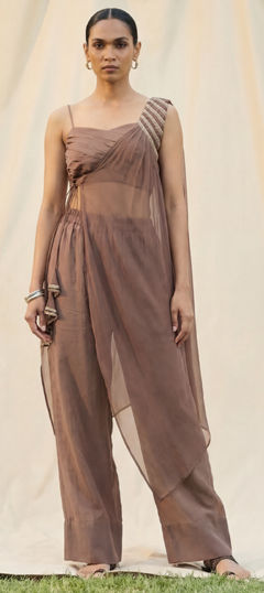 Beige and Brown color Salwar Kameez in Silk fabric with Lace work