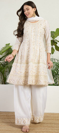White and Off White color Salwar Kameez in Chinon Silk fabric with Embroidered, Sequence work