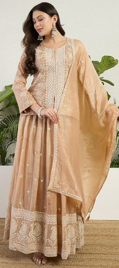 Beige and Brown color Salwar Kameez in Organza Silk fabric with Embroidered, Sequence work