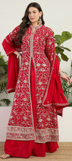 Red and Maroon color Salwar Kameez in Chinon Silk fabric with Embroidered, Sequence work