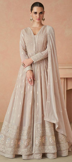 Pink and Majenta color Salwar Kameez in Faux Georgette fabric with Embroidered work