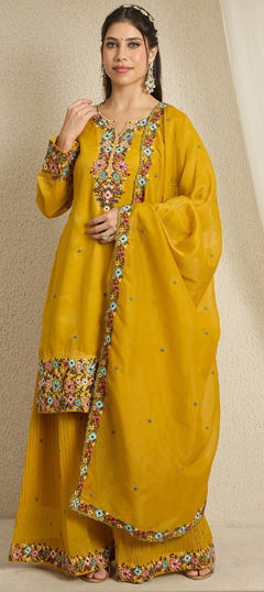 Yellow color Salwar Kameez in Organza Silk fabric with Embroidered, Sequence work