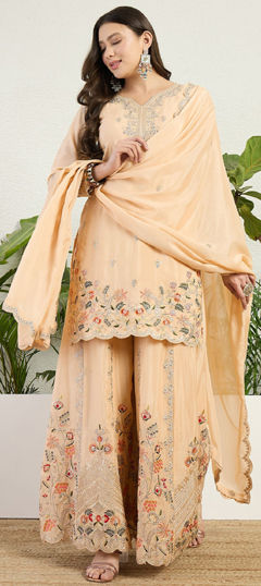 White and Off White color Salwar Kameez in Chinon Silk fabric with Embroidered, Sequence work
